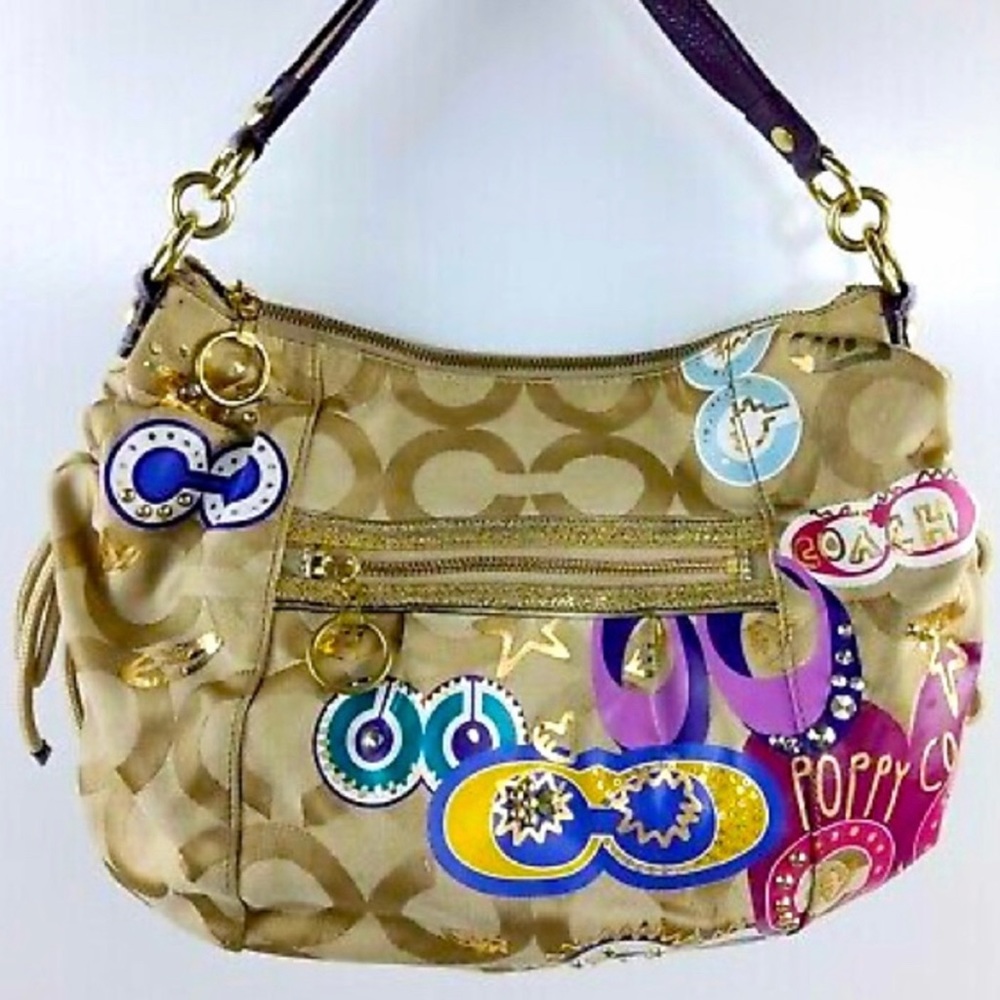 Rare 🦄 Coach Signature Jazzy Glitter Poppy Multi Canvas Handbag Purse - Picture 1 of 15